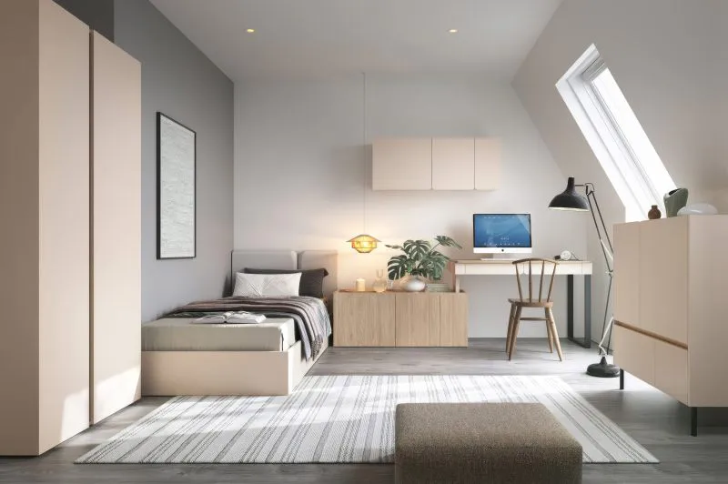 Schlafzimmer Komplett - Set B Fricourt, 5-teilig, Beige / Eiche hell, angenehmes Design, harmonische Farben, einfache und rasche Montage