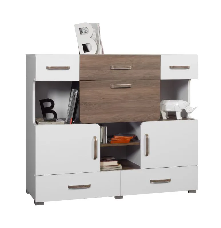 Kommode Bulolo 13, Farbe: Weiß / Nuss - Abmessungen: 103 x 120 x 44 cm (H x B x T)
