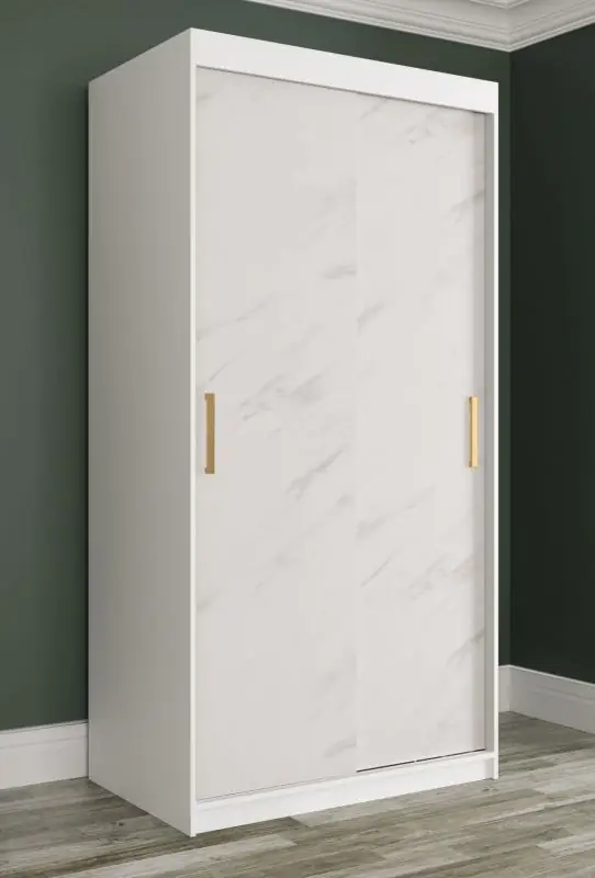 Schmaler Kleiderschrank mit Marmor Muster Ätna 28, Farbe: Weiß matt / Weißer Marmor - Abmessungen: 200 x 100 x 62 cm (H x B x T), mit fünf Fächern