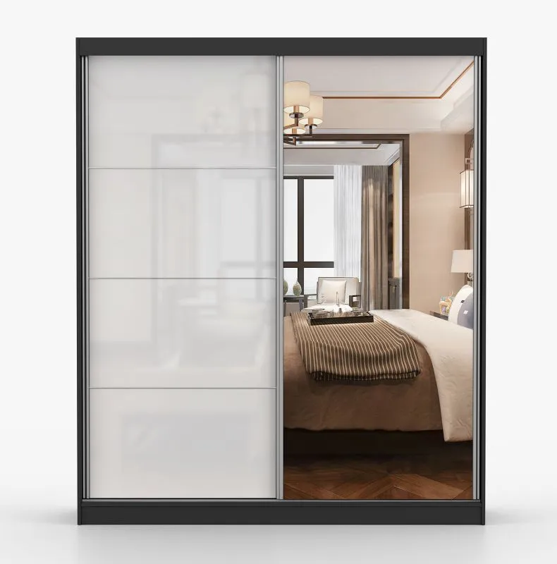 1,8 Meter breiter Kleiderschrank / Schiebetürenschrank | Weiß / Schwarz | Gorski 04 | mit Spiegel | 6 Fächer | 2 Türen | 76 x 110 x 50 cm | eckig