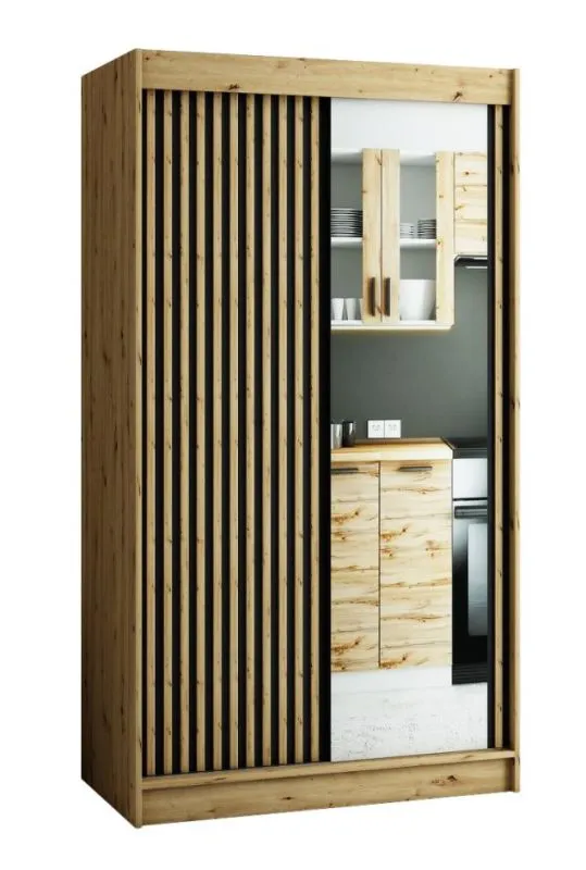 Schiebetürenschrank / Kleiderschrank Borgis 02C mit Spiegel, Farbe: Eiche Artisan / Schwarz matt - Abmessungen: 200 x 120 x 62 cm (H x B x T)