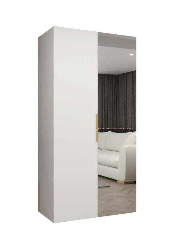 Kleiderschrank mit ein Fach Korab 60, Farbe: Weiß, eine Kleiderstange, 1 Meter breit, Griffe: Gold, Soft-Close-Funktion, eine Spiegeltür, Drehtürenschrank