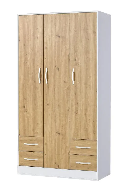 Kleiderschrank | Drehtürenschrank | 3-türig | 120 x 50 x 225 cm | Farbe: Eiche / Weiß | 3 Türen | 4 Schubladen | 11 Fächer | 1 Kleiderstange | Nalut 01