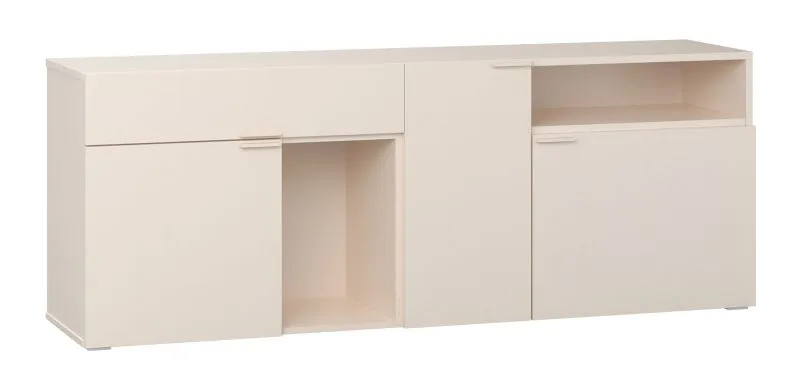 Kommode | 3 Türen | Farbe: Beige | Griffe & Beine: Beige | sechs Fächer | 1 Schublade | Maße: 187 x 42 x 70 cm | zwei offene Fächer | Soft-Close-Funktion
