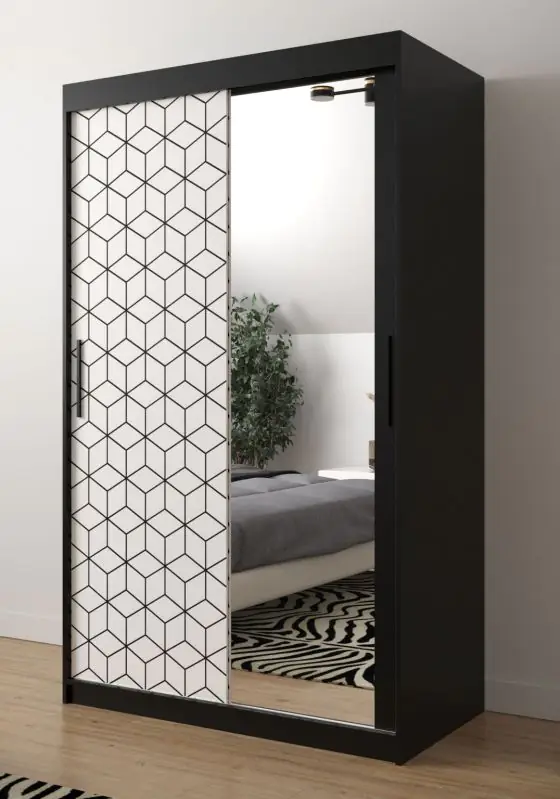 Eleganter Kleiderschrank mit Spiegel Dom 84, Farbe: Schwarz matt / Weiß matt - Abmessungen: 200 x 120 x 62 cm (H x B x T), mit fünf Fächern und zwei Kleiderstangen