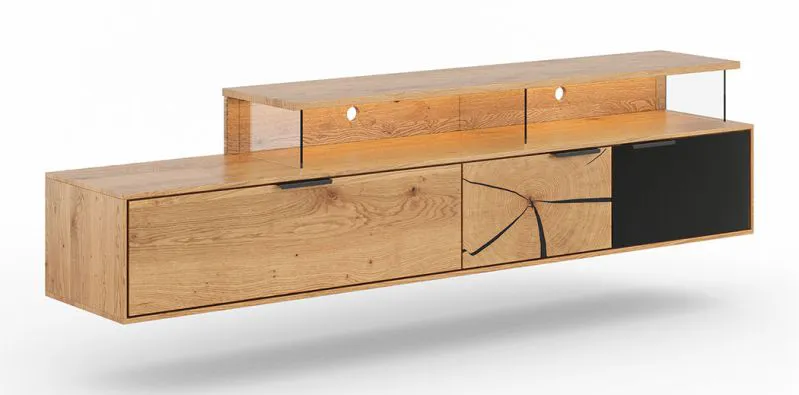 TV-Unterschrank, Hängeschrank Rania 19, aus geöltem Massivholz, 52 x 200 x 39 cm, in Eiche / Schwarz, Front aus Glas und Stirnholz, inkl. LED