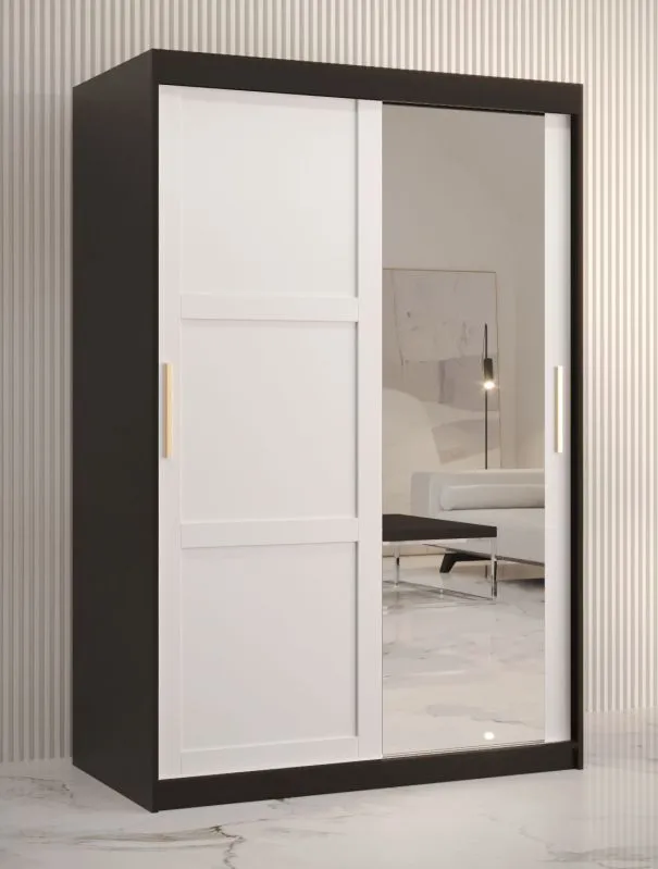 Neutraler Kleiderschrank mit einer Spiegeltür Liskamm 31, Farbe: Schwarz matt / Weiß matt - Abmessungen: 200 x 120 x 62 cm (H x B x T), mit fünf Fächern und zwei Kleiderstangen