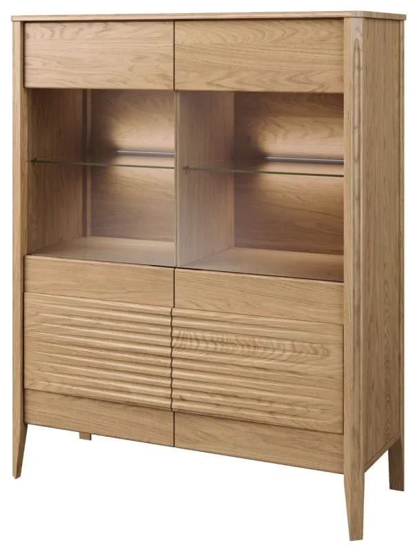 Vitrine Gorica 04 mit LED-Beleuchtung, in Eiche Gold, Soft Close System, 140 x 111 x 45 cm, teilmassiv, Antisol-Glas Bronze