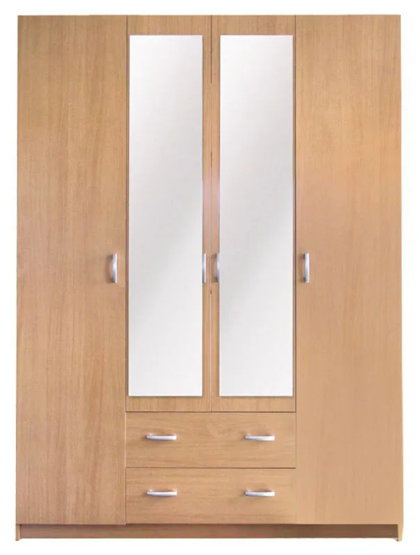 Kleiderschrank | 4 Drehtüren | 2 Schubladen | 5 Fächer | mit 2 Kleiderstangen | 160 cm breit | Farbe: Erle Abbildung