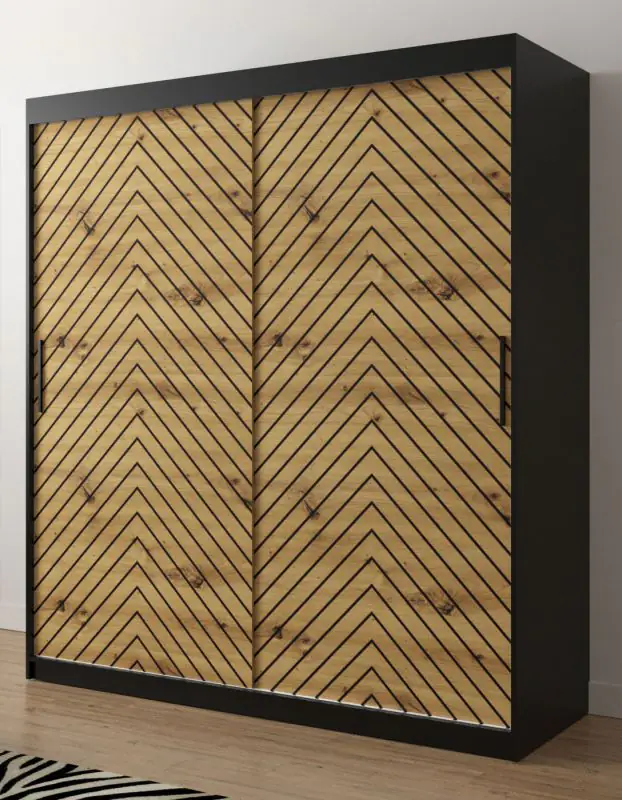Eleganter Kleiderschrank Mulhacen 59, Farbe: Schwarz matt / Eiche Artisan - Abmessungen: 200 x 180 x 62 cm (H x B x T), mit 10 Fächern und zwei Kleiderstangen