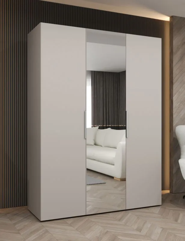 Kleiderschrank mit einer Spiegeltür Korab 76, Farbe: Kaschmir, Soft-Close-Funktion, zwei Kleiderstangen, 1,5 Meter breit, Griffe: Kaschmir, Drehtürenschrank