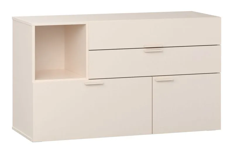 Kommode mit 3 Schubladen | ein offenes Fach | Soft-Close-Funktion | Farbe: Beige | zwei Fächer | Griffe: Beige | Maße: 120 x 42 x 70 cm | 1 Tür