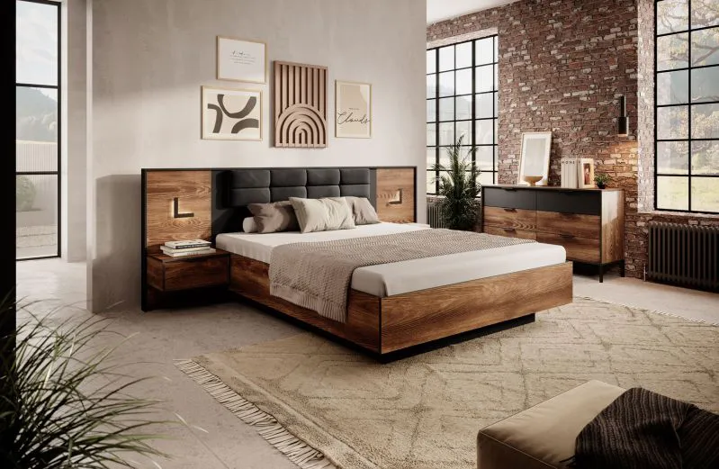 Schlafzimmer - Set B Jendouba | 3-teilig | Farbe: Kastanie / Anthrazit | Soft-Close-Funktion | Griffe & Beine: Metall | 1 Kommode | 2 Nachtkommoden