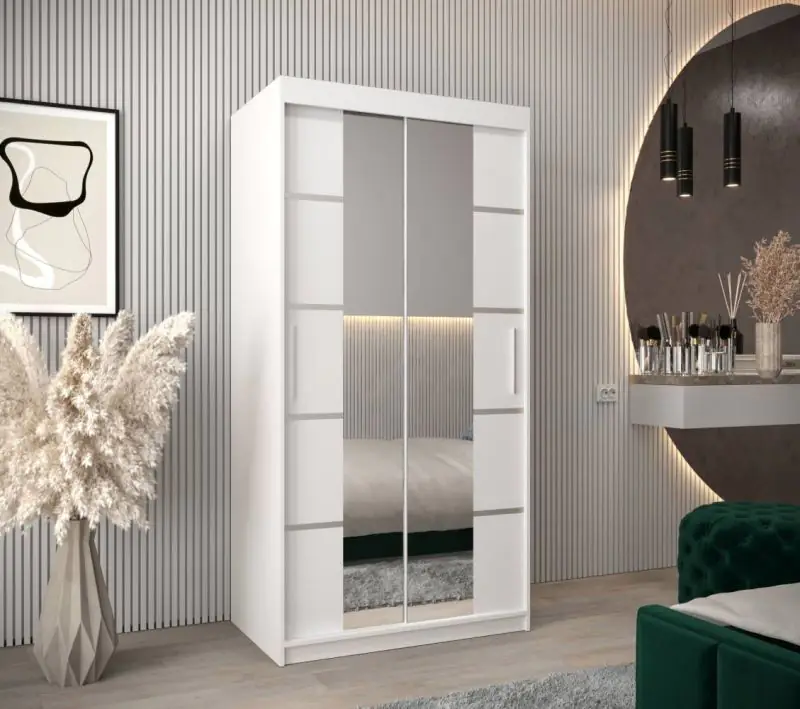 100 cm breiter Kleiderschrank mit 5 Fächern und 2 Türen | Farbe: Weiß Abbildung