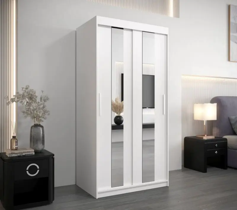 100 cm breiter Kleiderschrank mit 2 Türen | 5 Fächer | Farbe: Weiß Abbildung