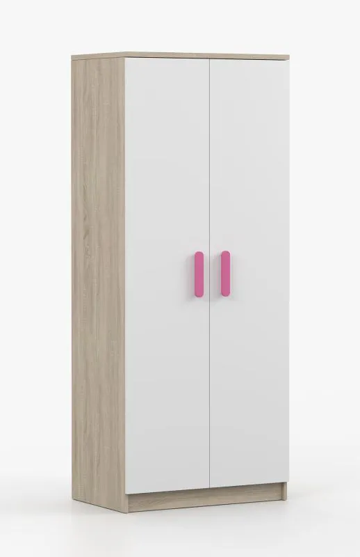 Kleiderschrank  / Drehtürenschrank | Weiß / Sonoma Eiche | Smolikas 50 | 2 Türen | 192 x 80 x 80 cm | Kleiderstange | 5 Fächer | rosa Holzgriffe