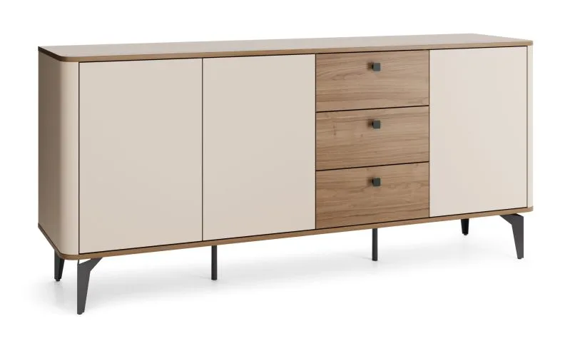 Kommode | 3 Türen | Push-to-open System | 3 Schubladen mit Soft Close System | Nuss/Kaschmir | 180 x 40 x 81 cm | Metallbeine | ABS-Kanten | 6 Fächer | Belladere 05