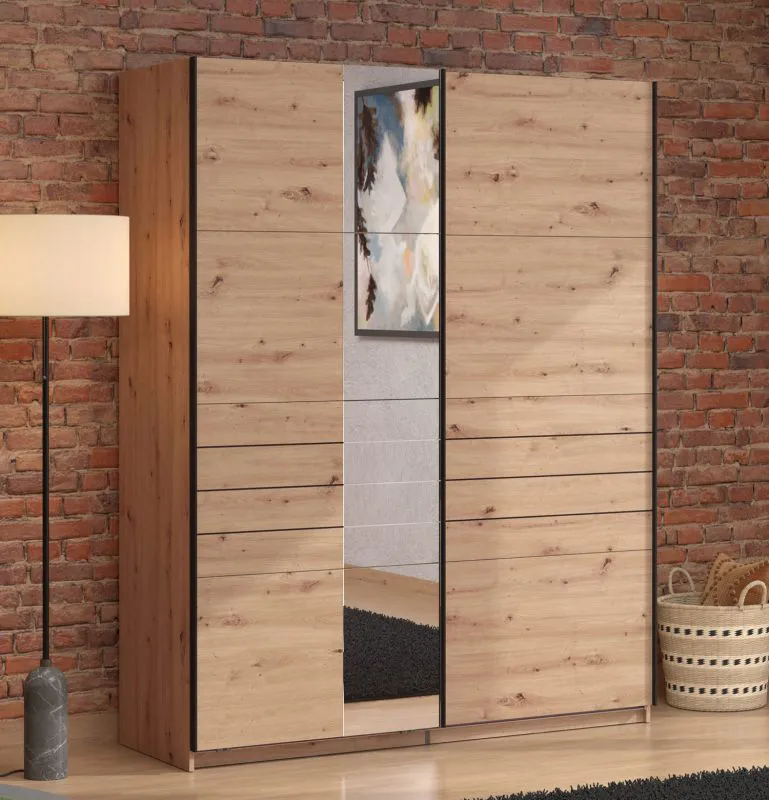 Schiebetürenschrank | Farbe: Eiche Artisan | 1 Spiegeltür | 2 Kleiderstangen | 2 Fächer | Kleiderschrank | ABS-Kanten | Maße: 145,5 x 60 x 217,5 cm