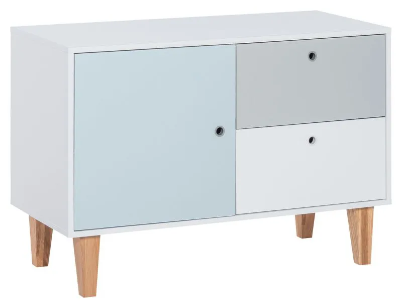 Jugendzimmer - Kommode Syrina 16, Farbe: Weiß / Grau / Blau - Abmessungen: 72 x 103 x 45 cm (H x B x T)