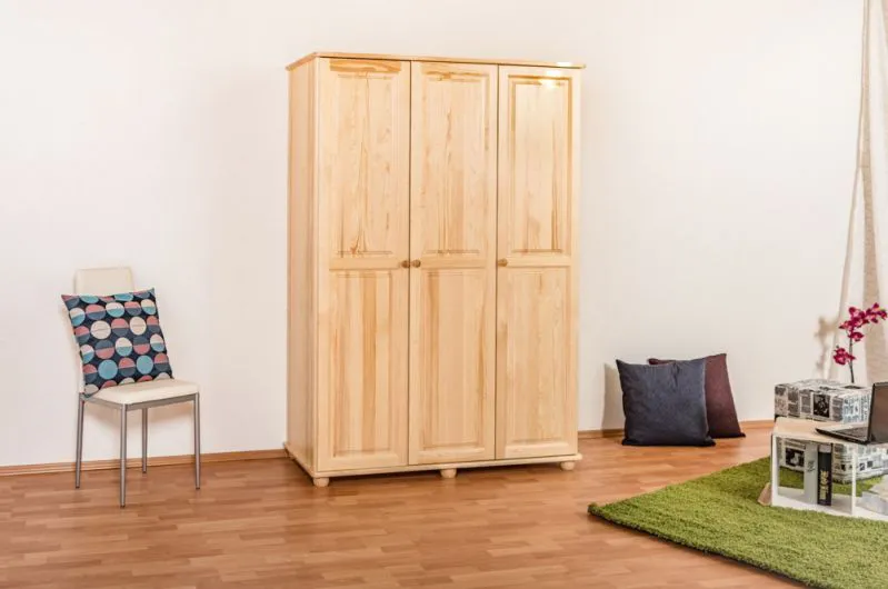 Kleiderschrank | 3 Drehtüren | 5 Fächer | mit Kleiderstange | 135 cm breit | Massivholz | Farbe: Natur Abbildung
