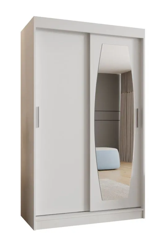 Kleiderschrank mit einer Spiegeltür Musala 06, Farbe: Weiß, 1,2 Meter breit, Aluminiumschienen, fünf Fächer, Schiebetürenschrank, zwei Kleiderstangen