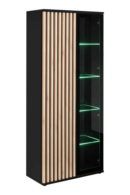 Stylische Vitrine mit grüner LED-Beleuchtung Romfo 01, zwei Türen, Farbe: Schwarz, vier Glaseinlegeböden, Maße: 192 x 80 x 40 cm, 10 Fächer, Push-to-open Funktion