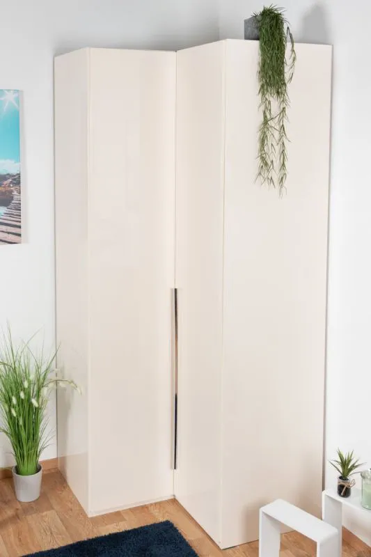 Drehtürenschrank / Eckkleiderschrank Siumu 04, Farbe: Beige / Beige Hochglanz - 224 x 100/102 x 56 cm (H x B x T)