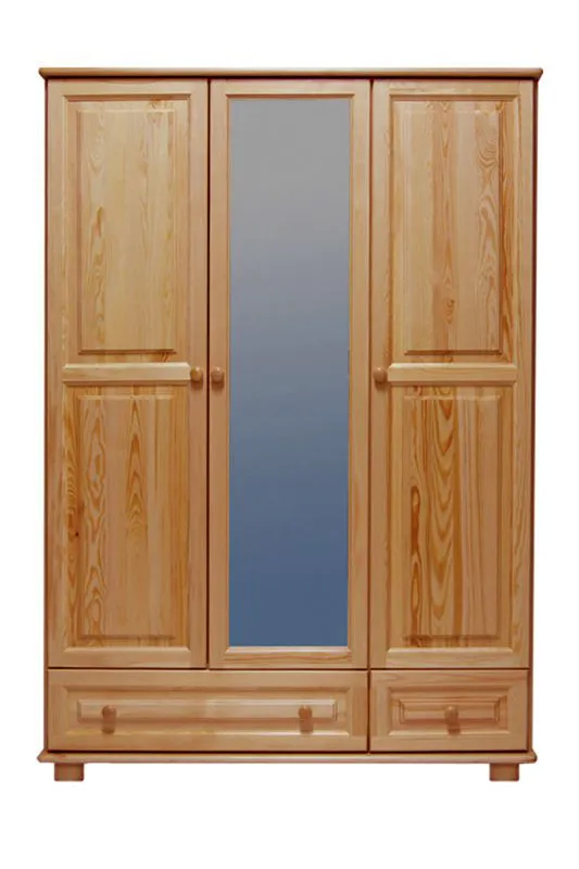 133 cm breiter Kleiderschrank mit 3 Türen, 4 Fächern und 2 Schubladen aus Massiv-Holz | Farbe: Natur | Tiefe: 60 cm Abbildung