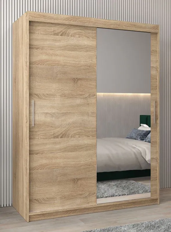 150 cm breiter Schiebetürenschrank mit 2 Türen | 5 Fächer | 2 Kleiderstangen | Farbe: Sonoma Eiche Abbildung