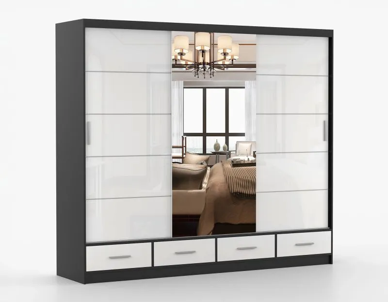 Schiebetürenschrank / Kleiderschrank mit Spiegel | 218 x 250 x 61 cm | Weiß / Schwarz | Lusatian 28 | 3 Türen | 4 Schubladen | 7 Fächer | Zweifarbig