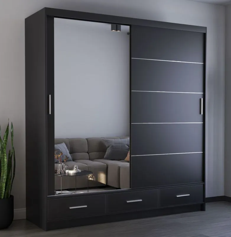 Schiebetürenschrank / Kleiderschrank mit Spiegel Schwarz | Lusatian 26 | 218 x 203 x 61 cm | 2 Türen | 3 Schubladen | 12 Fächer | viel Stauraum