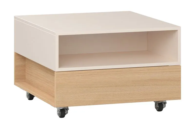 Couchtisch auf vier Rollen | 1 offenes Fach | 1 Schublade | Farbe: Eiche / Beige | Soft-Close-Funktion | Push-to-open Funktion | für Wohnzimmer