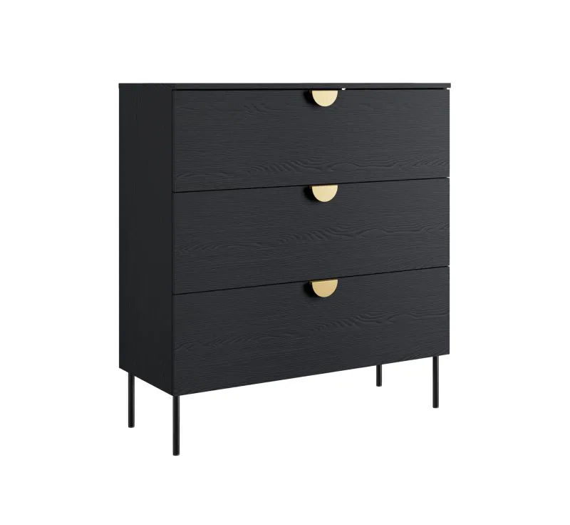 Kommode Amfipoli 10, Soft-Close-Funktion, Farbe: Schwarz mit Holzstruktur, drei Schubladen, Griffe & Beine: Metall, Maße: 100,5 x 100 x 40 cm