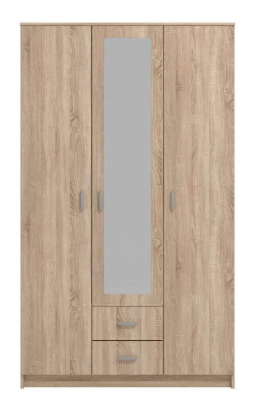 Dreitüriger Kleiderschrank mit einer Spiegeltür Kovin 04, 1,2 Meter breit, Farbe: Eiche Sonoma, zwei Schubladen, Maße: 205 x 120 x 52 cm, fünf Fächer
