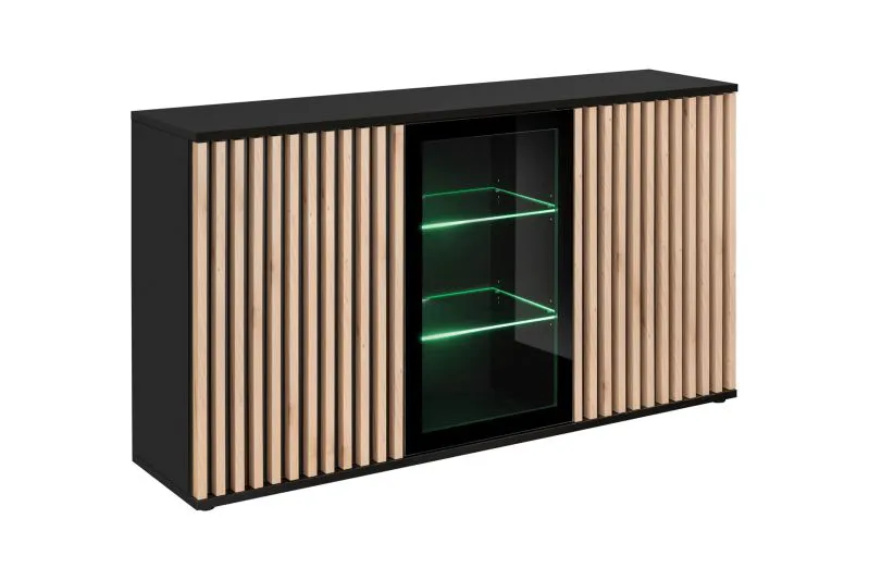 Sideboard / Kommode mit einer Glastür Romfo 06, inkl. LED-Beleuchtung, Farbe: Schwarz, Maße: 91,5 x 163 x 40 cm, neun Fächer, modernes und einfaches Design