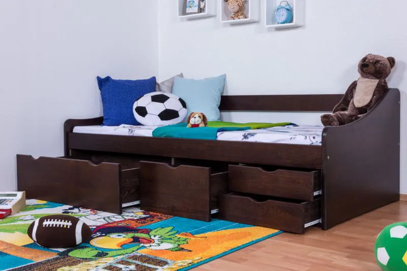 Jugendbett / Funktionsbett Kiefer massiv Vollholz Walnussfarben 94, inkl. Lattenrost - 90 x 200 cm (B x L)