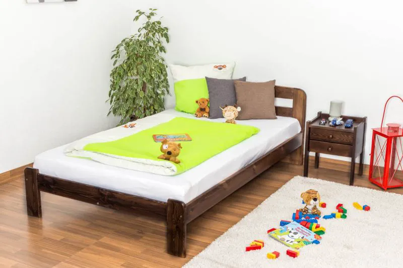 Kinderbett / Jugendbett Kiefer Vollholz massiv Nussfarben A5, inkl. Lattenrost - Abmessung 120 x 200 cm