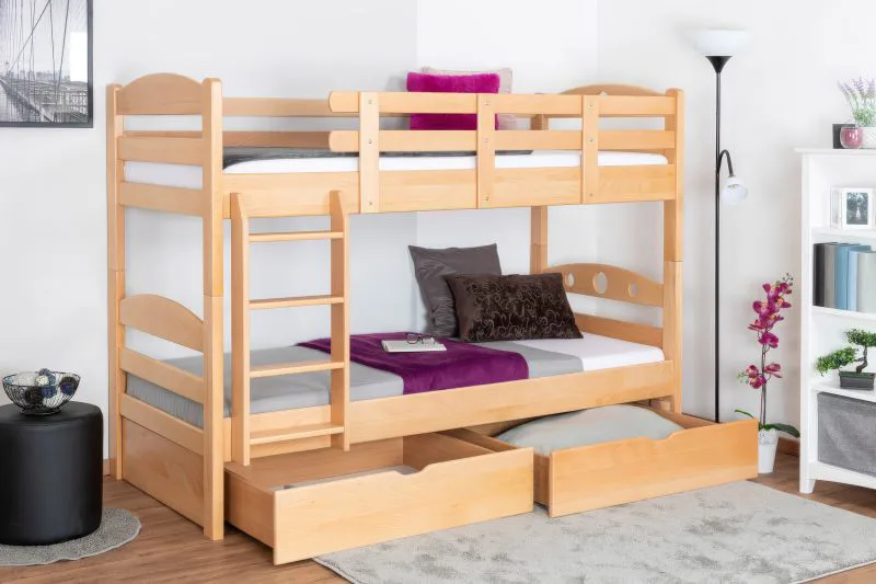 Etagenbett für Erwachsene "Easy Premium Line" K18/n inkl. 2 Schubladen und 2 Abdeckblenden, Kopfteil mit Löchern, Buche Vollholz massiv Natur - Liegefläche: 90 x 200 cm, (B x L) teilbar