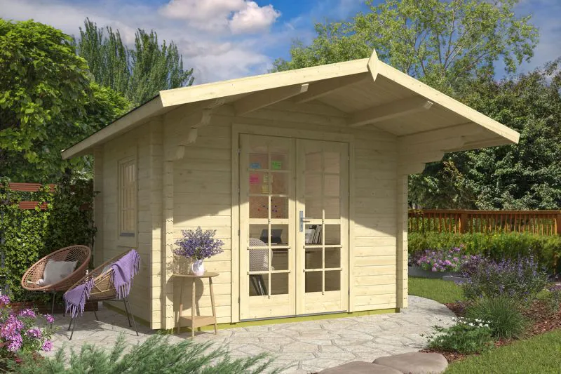 Gartenhaus mit Satteldach, 70 mm Blockbohlenhaus, aus nordischen Fichtenholz, Grundfläche: 8,48 m², Fenster und Doppeltür aus Isolierglas, Außenmaße: 320 x 265 cm
