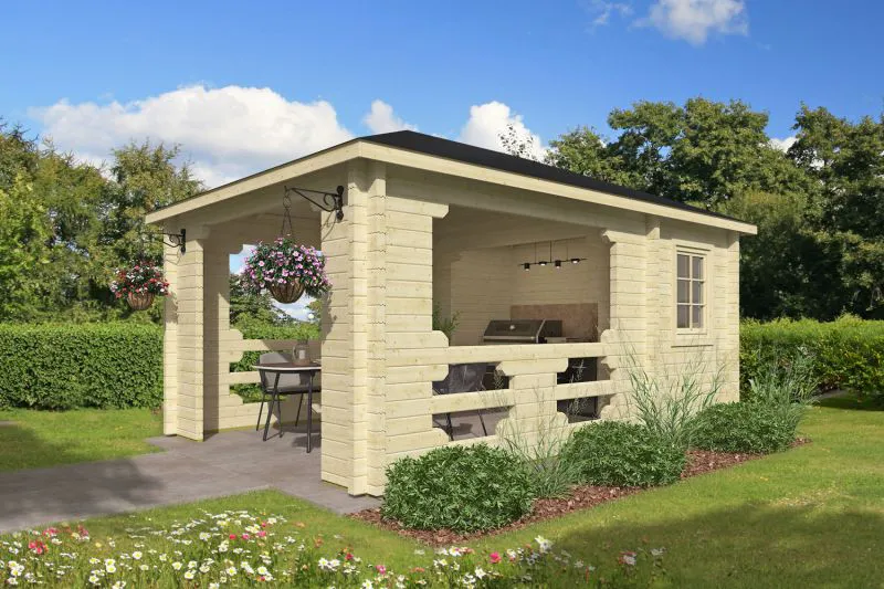 Pavillon / Pergola inkl. Pfosten, Grundfläche: 17,95 m², aus nordischen Fichtenholz, Zeltdach, Blockbohlenstärke 70 mm, Außenmaße: 350 x 513 cm