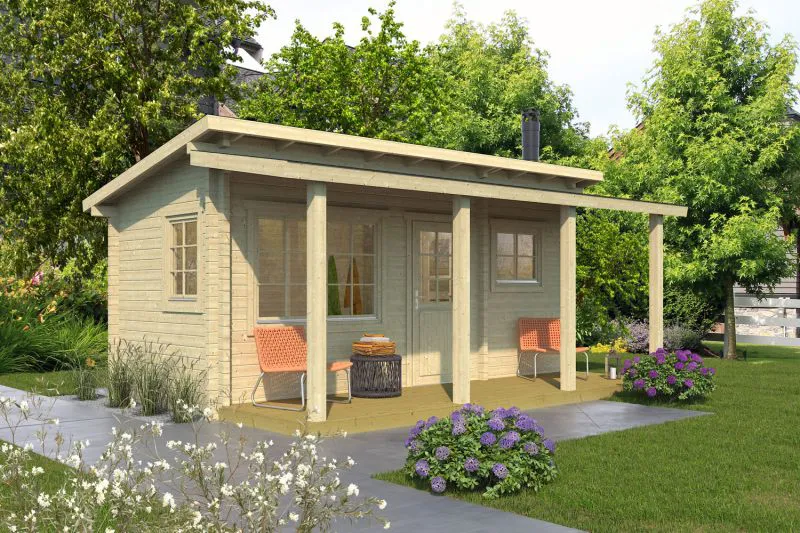 Saunahaus Moritzhorn 03 inkl. Fußboden - 70 mm Blockbohlenhaus, Grundfläche: 21 m², Doppelpultdach