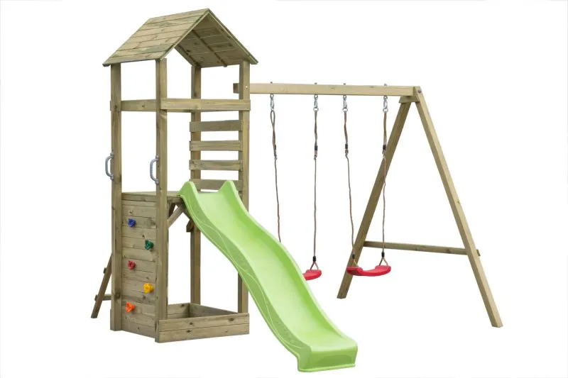 Spielturm PZ38, inkl. Wellenrutsche, Doppelschaukel-Anbau, Sandkasten und Kletterwand, 278 x 346 cm, Kinderspielturm, Kletterturm