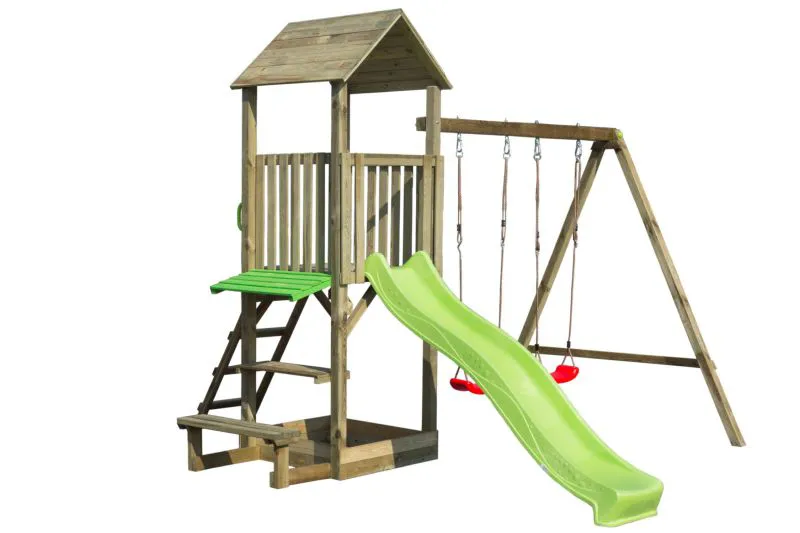 Spielturm S29A, inkl. Wellenrutsche, Doppelschaukel-Anbau, Sandkasten und überdachte Sitzbank, 327 x 348 cm, Kinderspielturm