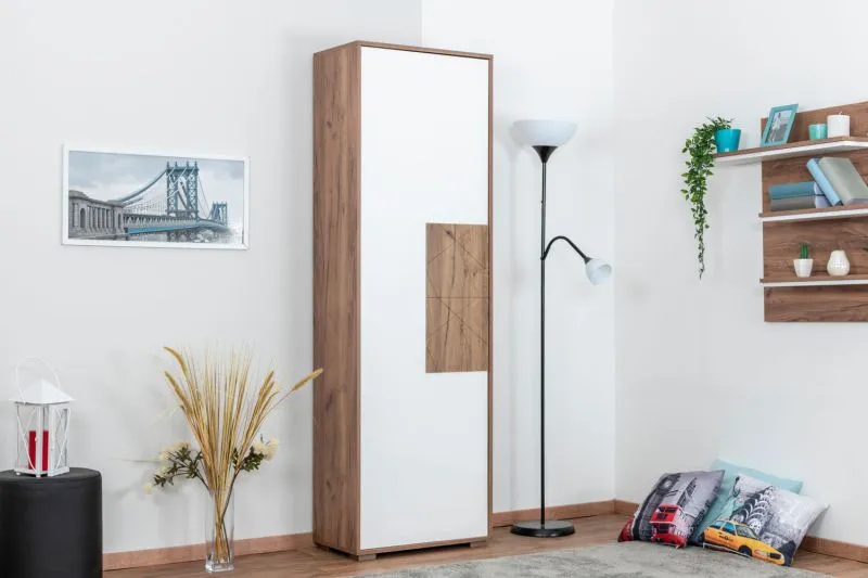Schrank Manase 10, Farbe: Eiche Braun / Weiß Hochglanz - 197 x 63 x 36 cm (H x B x T)