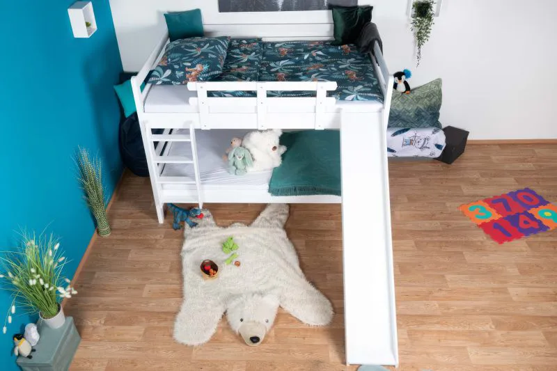 Großes weißes Stockbett mit Rutsche 140 x 200 cm, Buche Massivholz Weiß lackiert, teilbar in zwei Einzelbetten, "Easy Premium Line" K32/n