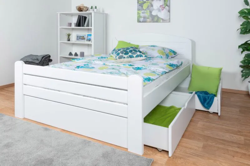 Einzelbett / Gästebett "Easy Premium Line" K7 inkl. 2 Schubladen und 1 Abdeckblende, 140 x 200 cm Buche Vollholz massiv weiß lackiert