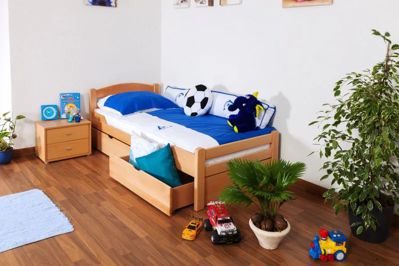 Kinderbett 90 x 200 cm | Massivholz: Buche | Natur Lackiert | inkl. 2 Schubladen und Lattenrost Abbildung