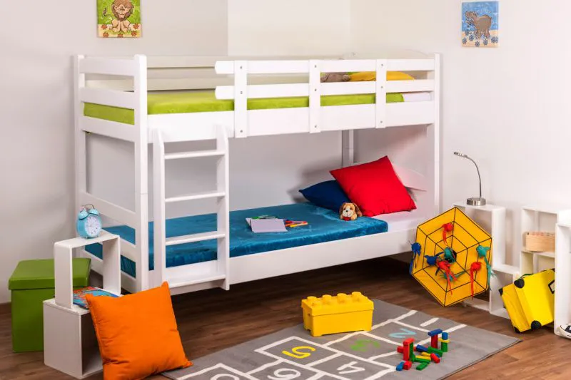 Etagenbett 90 x 200 cm | Massivholz: Buche | Weiß Lackiert | umbaubar in zwei Einzelbetten | Premium-Qualität | inkl. Rollroste Abbildung
