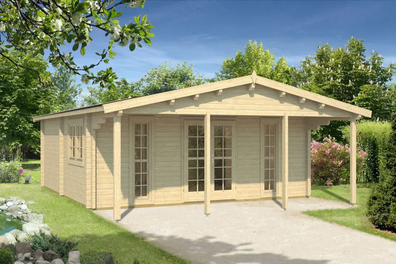 Holz-Gartenhaus 7,95 x 6,29 Meter (inkl. Dach) | 3 Fenster | 70 mm Blockbohlen |natur unbehandelt | Satteldach | inkl. Fußboden | aus nordischer Fichte Abbildung