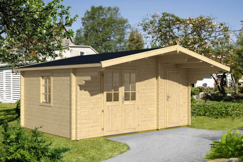 Holz-Gartenhaus 5 x 5,46 Meter (inkl. Dach) | 1 Fenster | 70 mm Blockbohlen |natur unbehandelt | Satteldach | inkl. Fußboden | aus nordischer Fichte Abbildung